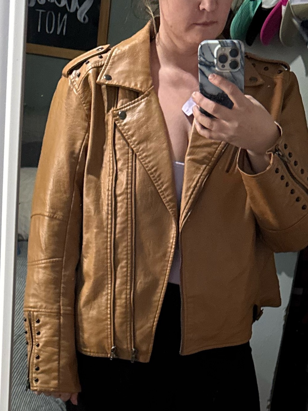 Colleen Lopez Tan Leather Moto Jacket with Stud Details
